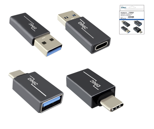 Set, 1x USB C-stekker naar A-stekker + 1x C-stekker naar A-stekker, 2x USB-adapter, aluminium, spacegrijs, DINIC-box met Euro-gat